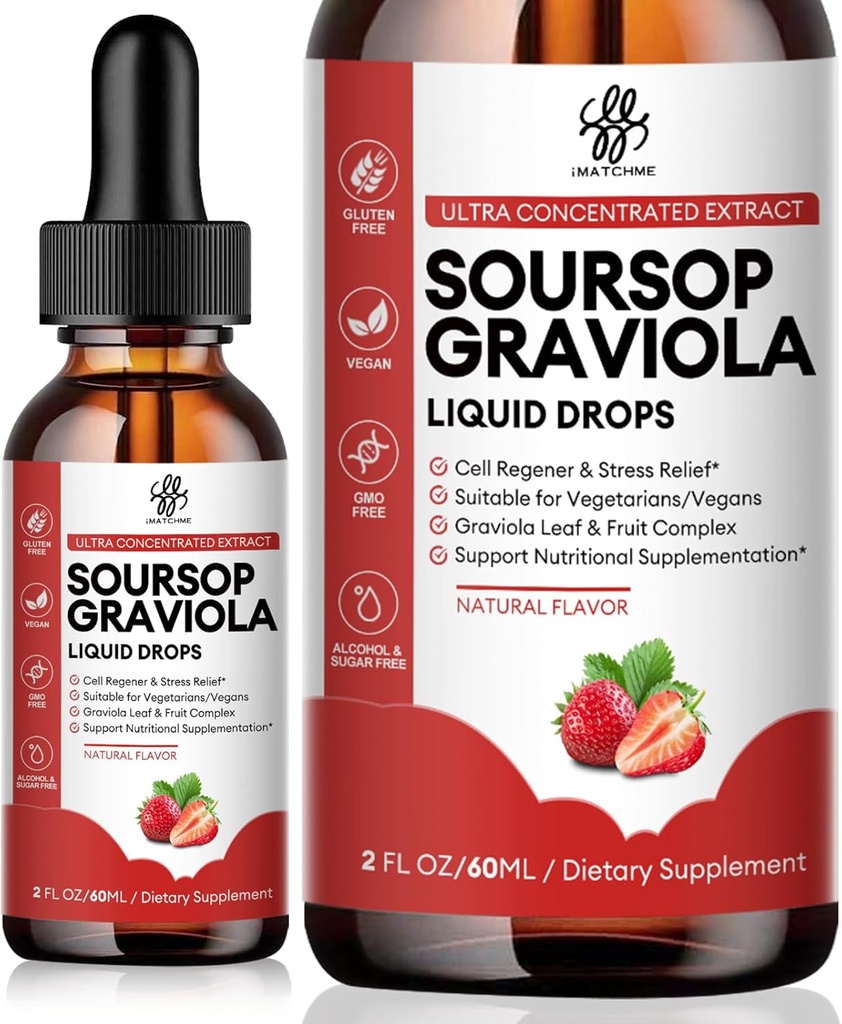 iMATCHME Sourisop Graviola goutte liquide, amers de sourcils liquide, naturel Feuilles de sourcils et complexe de fruits pour le bien-être général, sans sucre/café/gluten, goût de fraise, 2 fl Oz