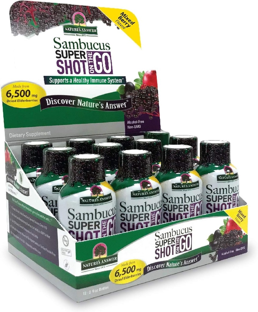 Nature's Answer Sambucus Immune Travel Shot (12 Pack) Elderberry auf The Go. 2oz. Alkoholfreie Non-GMO Sambucus Black Elderberry Flugzeug/Reisen Schuß