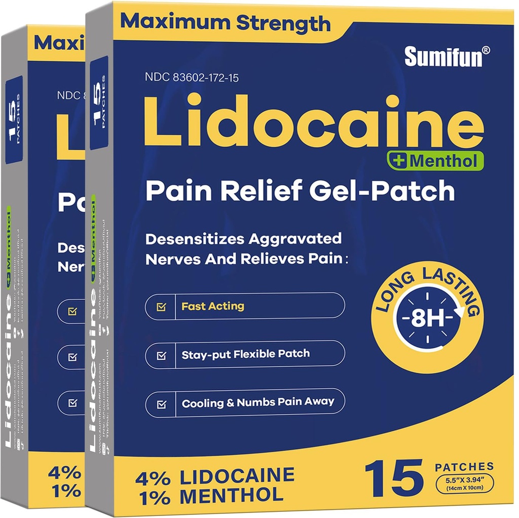 Sumifun 4% Lidocaine Patches Plus 1% Menthol - 30 Counts Maximale Stärke OTC Schmerzlinderung Patches für Rücken Ache Stiff Neck Gelenk Schmerz Muskel Soreness Topical Analgesic