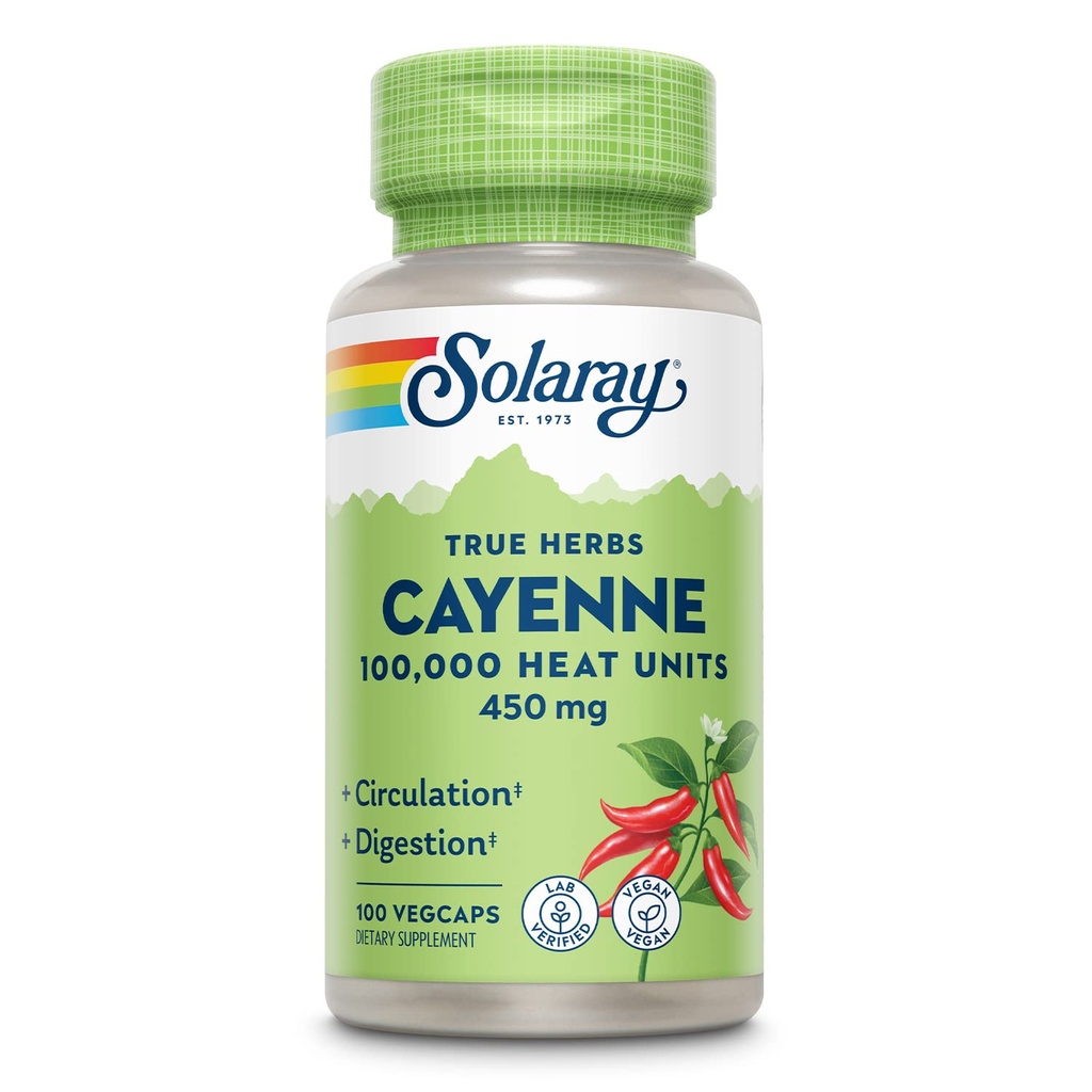 SOLARAY Cayenne Pfeffer 450 mg | 100.000 Wärmeeinheit | Gesunde Verdauung, Zirkulation, Stoffwechsel & Herz-Kreislauf-Unterstützung | Non-GMO | 100 VegKaps