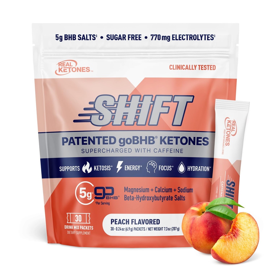 Echte Ketone BHB Exogene Ketone Getränke Mix Packets Keto Elektrolyte Pulver-Packets kein Zucker mit 4 Haupt Fasting Elektrolyte Plus Hydrating patentierte Keto BHB - 30 Count Peach Caffeine