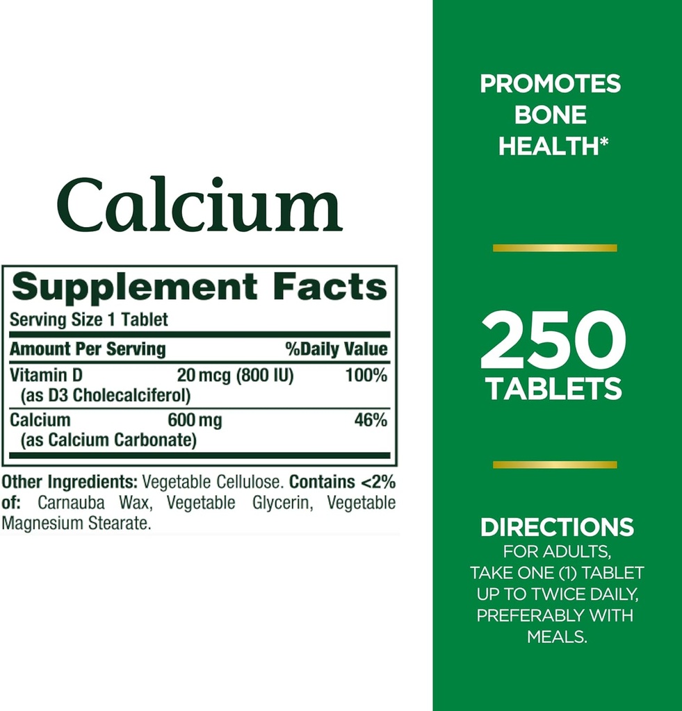 Le carbonate de calcium et de vitamine D de la nature soutient la santé immunitaire et osseuse, 600mg de calcium et 800UI de vitamine D3, 250 comprimés (paquet de 2)