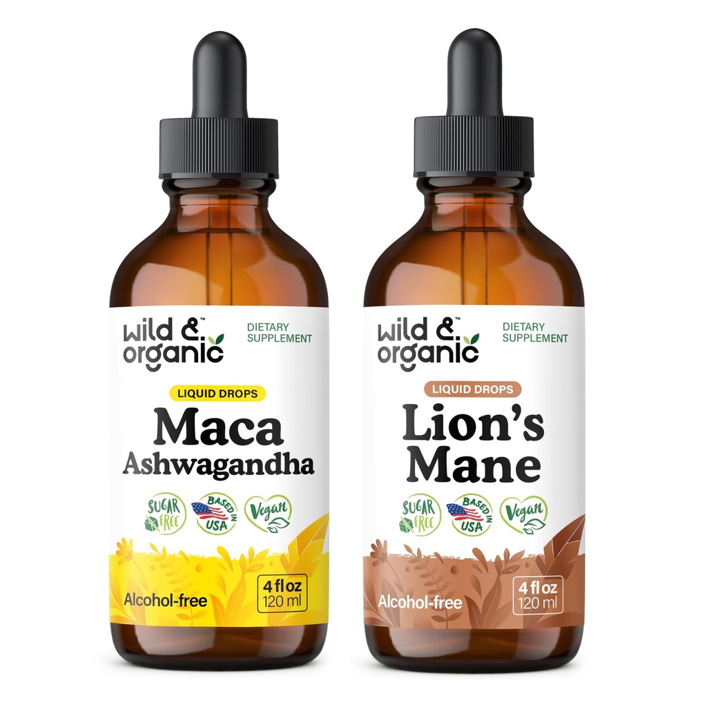 Wild & Organic Maca Ashwagandha Teinture 4 fl oz & Lion's Mane Teinture 4 fl oz