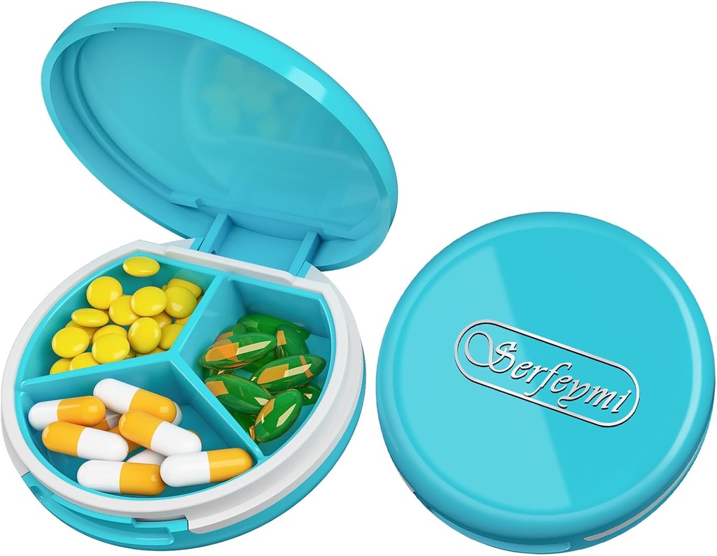 Serfeymi Petite Pill Box - 3 compartiments Portable Pill Box pour la poche de la Purse, Compact Mini Travel Pill Case - Convient pour la médecine, vitamine, huile de poisson, suppléments - Bleu clair(Logo)