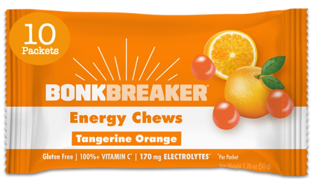 Bonk Breaker Energy Chews, Dairy-Free, Gluten-Free Ingredients to Provide Quick Energy and Focus, 1 Box of 10 Packets, Tangerine Orange