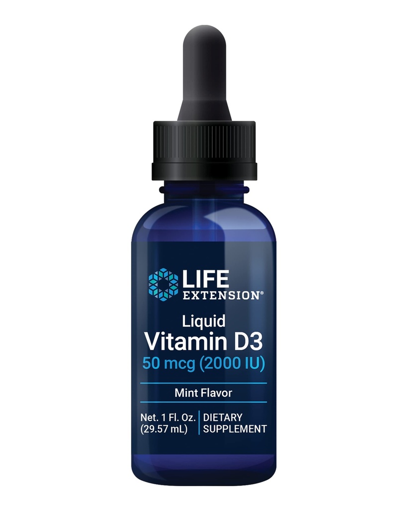 Life Extension Liquid Vitamin D3 (Mint), 50 mcg (2000 IU), Immunsystem-Unterstützung, Knochengesundheit, Ganzkörper-Gesundheit, Tasty Peppermint Flavor, Glutenfrei, Non-GMO, 29.57 ml