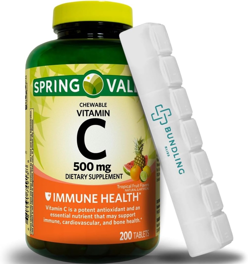 Vitamin C 500mg, Kautabletten, Nahrungsergänzung, 200 Count (inklusive Bonus Pill Organizer) - 1 Pack
