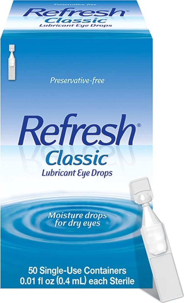 Rafraîchir les gouttes classiques de lubrifiant, sans conservateur, 0,01 Fl Oz contenants à usage unique, 50 Compte, paquet de 1, emballage mai Varier