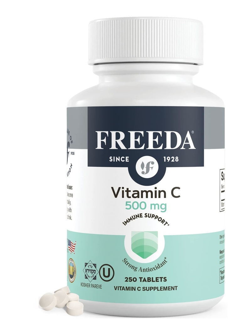 FREEDA Vegan Vitamin C 500mg – Kosher Immununterstützung & Antioxidans – hilft gesunden Haut und Haar, unterstützt Eisenabsorption – Keine Gluten, keine Lactose, keine künstliche Geschmack oder Farbe – 250 Tabletten