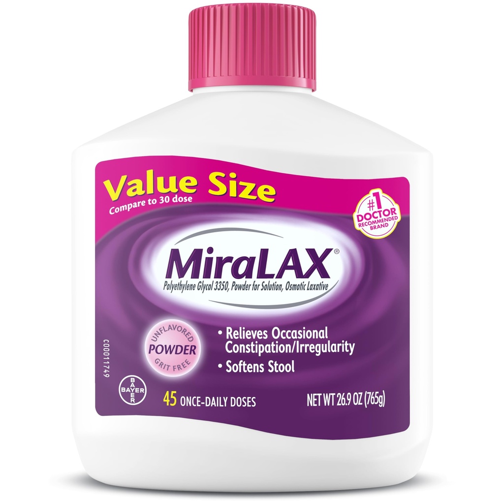 MiraLAX Laxative Powder, Gentle Constipation Relief für Erwachsene, Hocker Softener mit PEG 3350, Nonstimulant Laxative, No Harsh Side Effects, Osmotic Laxative, 45 Dose