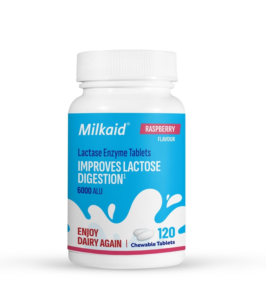 Milkaid Lactase Enzym Chewable Tabletten für Lactose Intolerance Relief | Verhindert Gas, Bloating & Durchfall | Fast Acting Dairy Digestive Supplement (120 Tabletten, Himbeer)