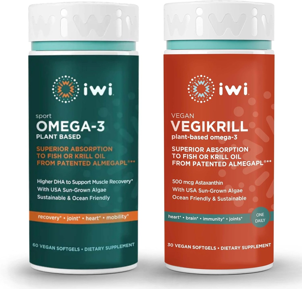 iwi Omega-3 Sport & Vegikrill Omega-3 Bundle, 30 Servierungen, Vegan pflanzenbasierte Algen Omega 3 mit EPA + DHA, Krill & Fisch Öl Alternative, keine Fishy Nachgeschmack