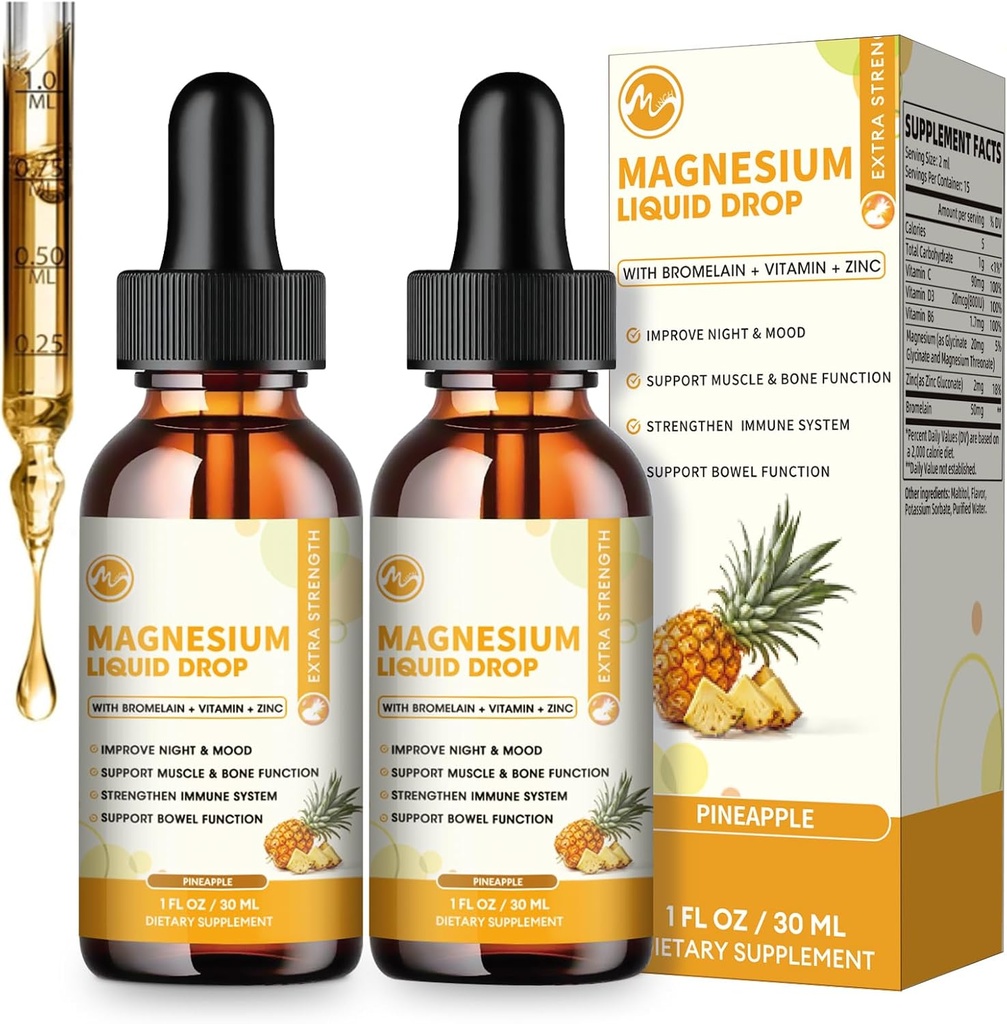 (2 Pack) M inch Magnesium Glycinat Flüssigkeitstropfen, Hohe Absorption flüssiges Magnesium-Komplex mit Bromelain, VitaminC, D3,B6 & Zink, Threonat-Ergänzung für Nacht, Stimmung, Muskel- & Knochen-Unterstützung