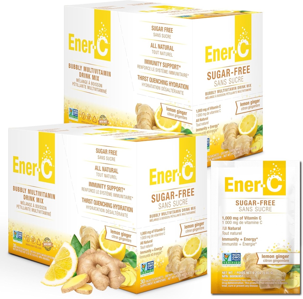 Ener-C Sugar Free Energy Lemon Ginger Multivitamin Drink Mix Vitamin C 1000mg & Elektrolyte - Natürliche Immunität Unterstützung mit echten Fruchtsaftpulvern - Non-GMO Vegan & Gluten Free - 60 Count
