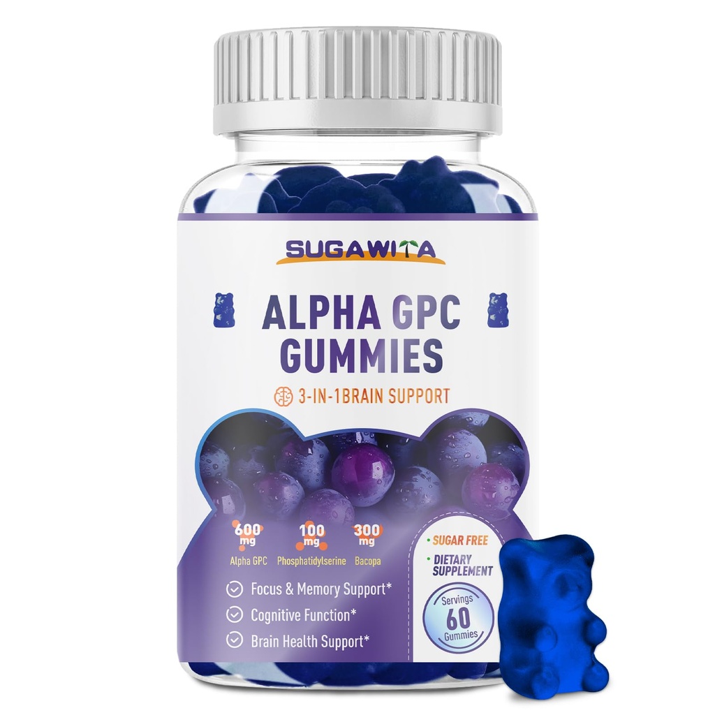 Alpha GPC Choline Gummies 600mg avec Phosphatidylsérine & Bacopa – 3-en-1 Soutien du cerveau pour la mémoire, le focus et la santé cognitive à long terme – sans sucre, formule naturelle, 60 comte