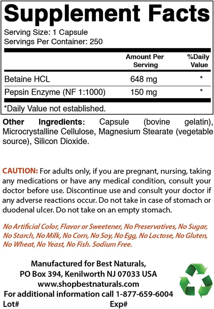 Meilleurs produits naturels Betaine HCL 648 mg et chlorure de magnésium 520 mg