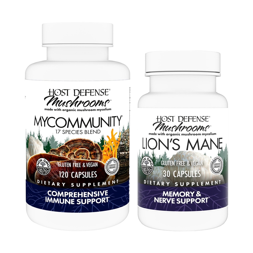 Host Defense MyCommunity Capsules, 120 Count & Lion's Mane Capsules, 30 Count - Unterstützung Immungesundheit mit 17 Arten Pilzmischung - Unterstützung Gehirngesundheit, Gedächtnis & Fokus*