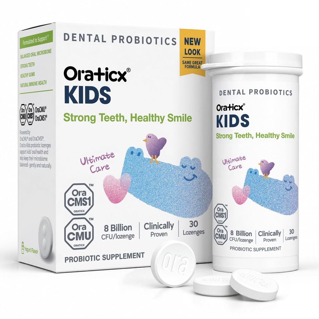 Probiotiques dentaires pour enfants OraTicx pour anti-cavité + dents et gencives en santé, 8 milliards d'UFC probiotiques pour la santé buccodentaire, parfum de yogourt 1-PK