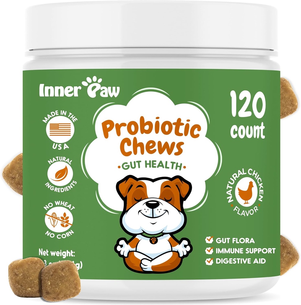 Innere Paw Probiotika für Hunde, Verdauungsenzyme & Prebiotische Formel für Gut Gesundheit, Dog Probiotics für Durchfall, Bowel & Immune Support, Chicken Flavor, 120 Soft Chews