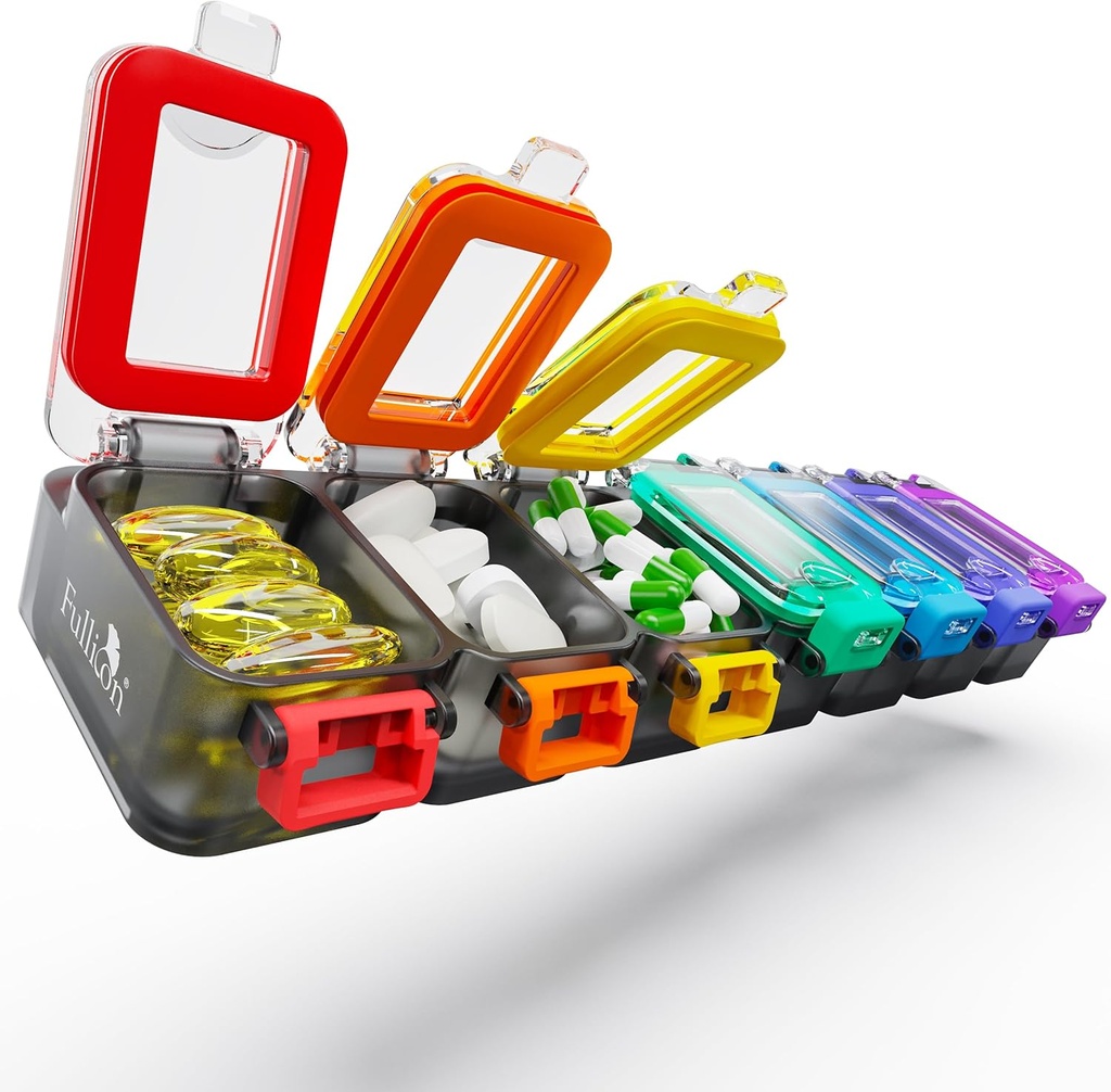 Fullicon Weekly Pill Organizer 7 Tage Ultra Moisture und Spill Proof Daily Pill Box, Großer Medizin-Gehäuse mit Secure Buckle, kompakte Reise Pillen-Container für Pille, Vitamin, & Fish Oil (Rainbow Black)