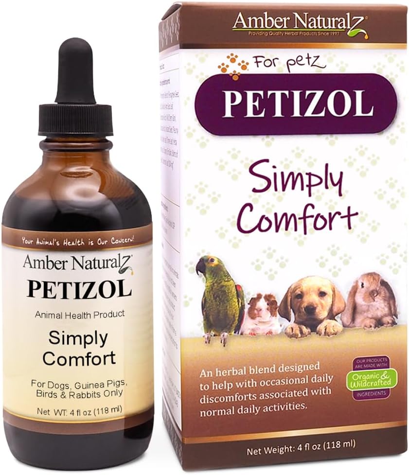 AMBER NATURALZ Petizol Einfach Komfort Kräuter-Ergänzung für Hunde, Vogel, Kaninchen | Unterstützung für gelegentliche Störungen und normale Körpertemperatur | 4 flüssige Unze Glasflasche | Hergestellt in den USA