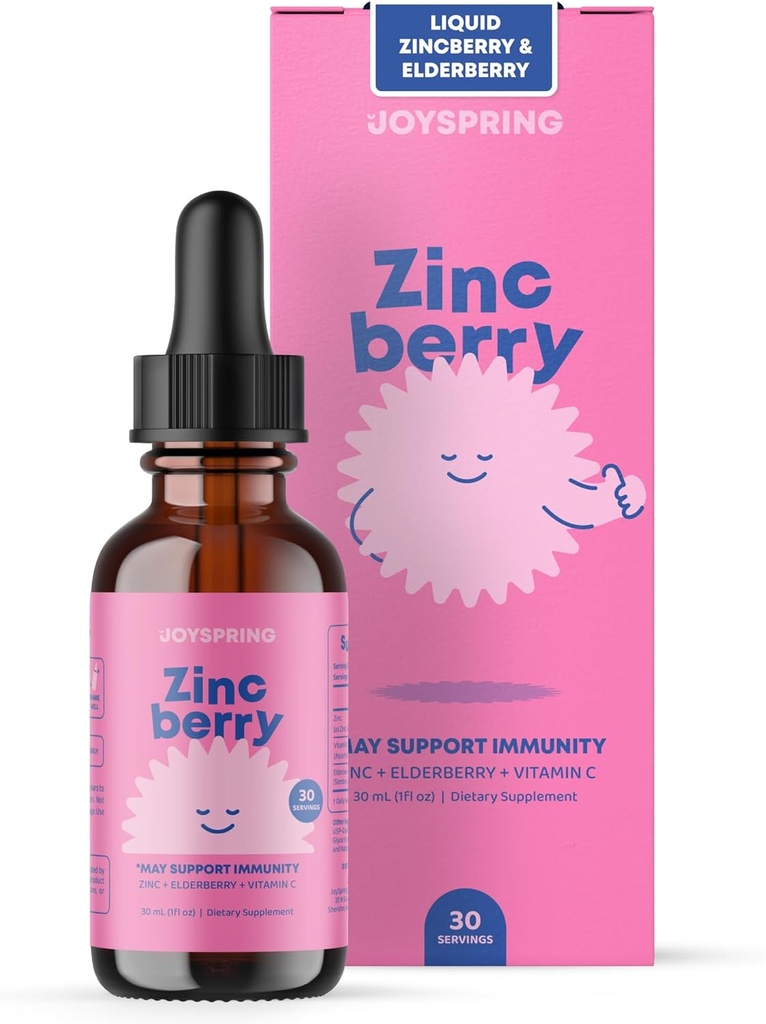 JoySpring ZincBerry - Supplément de zinc et de vitamine pour enfants (1 fl oz) gouttes de soutien immunitaire avec goût de mûre pour enfants 2-16+ Années