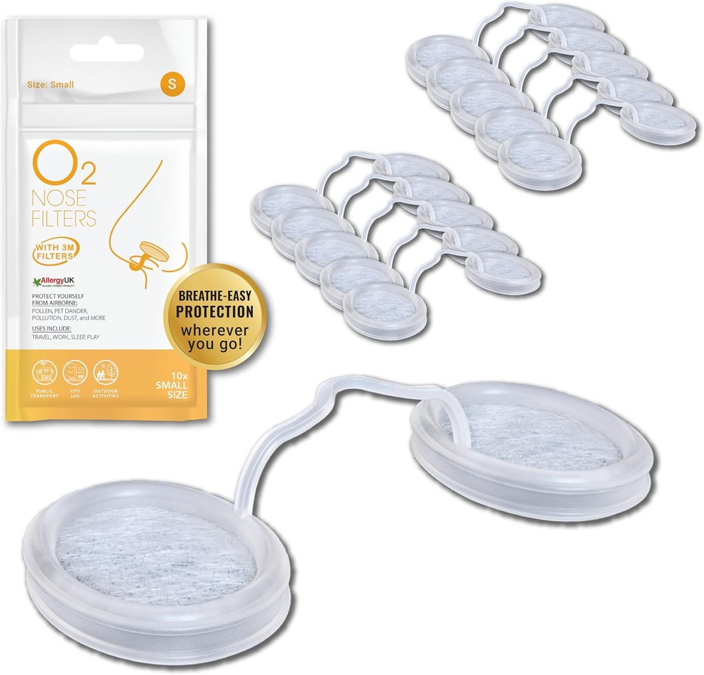 O2 Nasenfilter mit 3M Filtration - Nasenfilter für Allergien - Nasenfilter für Allergien - Nasenfilter für Allergien - Nostril Dust Maske, Rauch & Allergiefilter (Größe klein, Packung von 10)