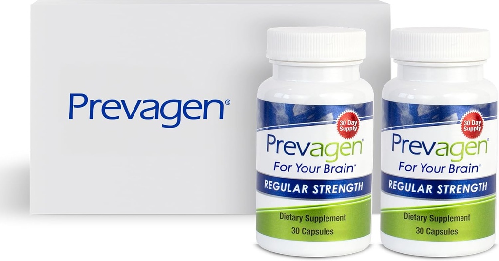Prevagen 10mg, 2 bouteilles de 30 gélules, concentration régulière 30 Ct avec boîte de conservation de Prévagen attrayant et empilable