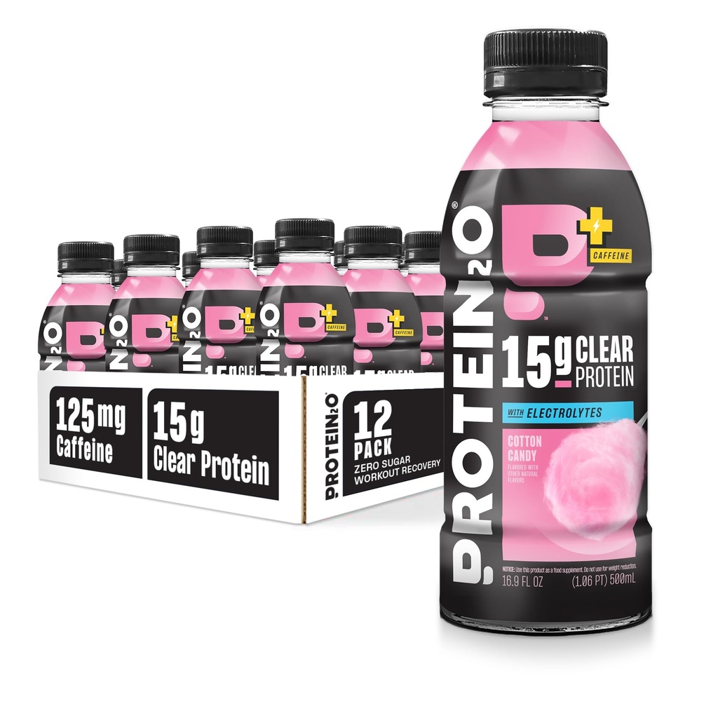 Protéine2o 15g Protéines isolées Boissons d'hydratation Plus Énergie et Focus, 350mg d'électrolytes, Vitamines B5 et B6, sans sucre, Candy de coton, 16,9 oz bouteille (paquet de 12)