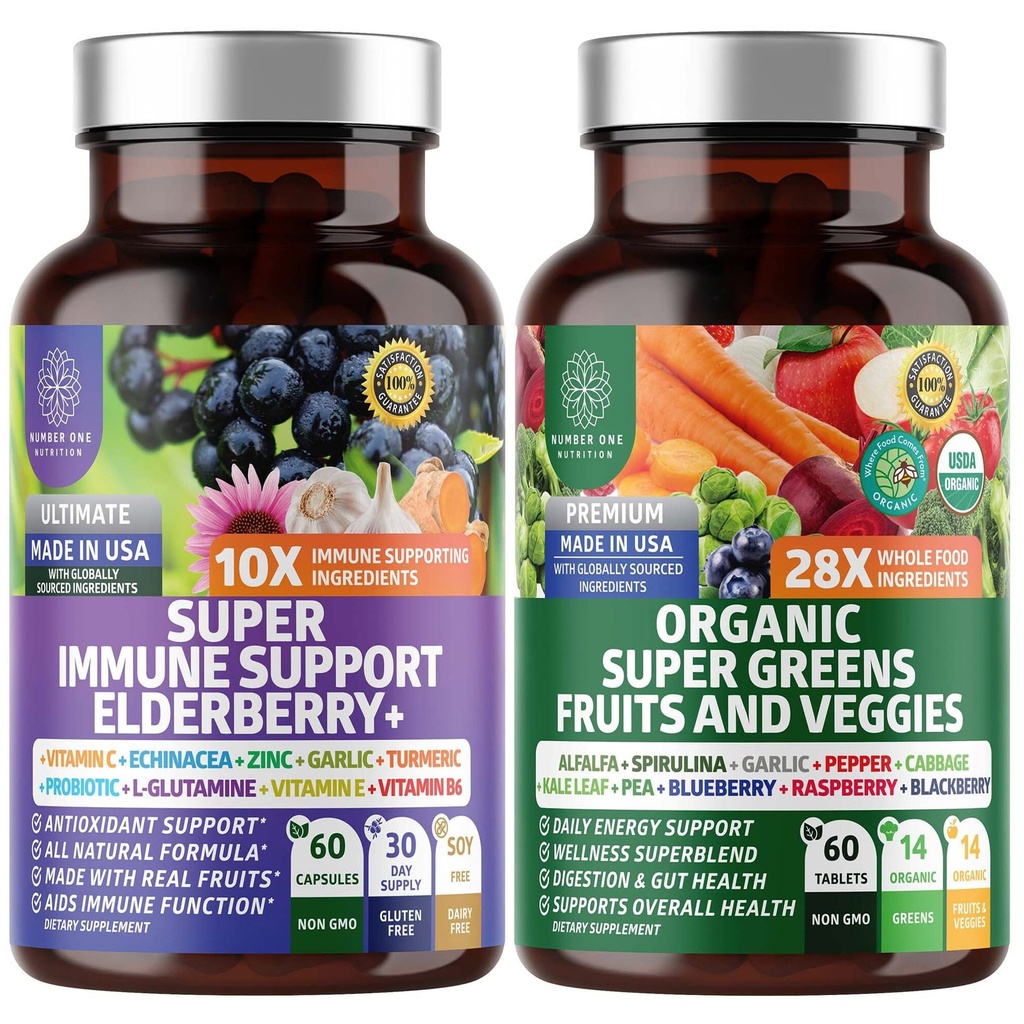 N1N Premium Organic Super Fruits & Veggies + Immune Support [38 Powerful Ingredients], Natural Super Greens Supplement with Alfalfa, Vitamins & Minerals, Zinc, Turmeric and Probiotic, 120 Caps