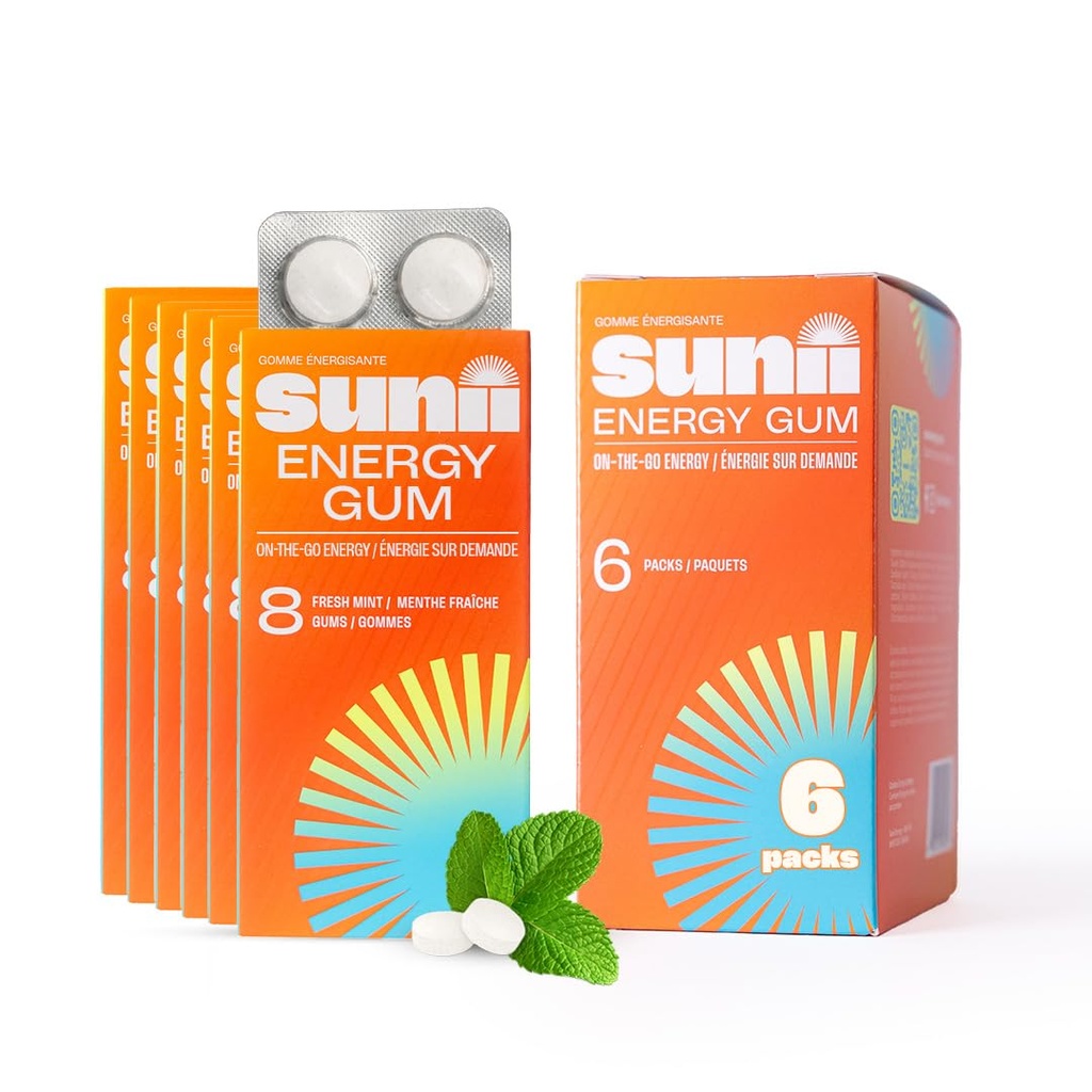 Sunii - Energy Gum - NEW Quick Boost Energy & Focus - 50mg Koffein Gum -Vitamine B6 & B12, Taurine, Vegan, kein Zucker, Zero Calorie, Frischer Mint Geschmack - Schneller als Chews, Drinks, Gels & Pills (48pcs)