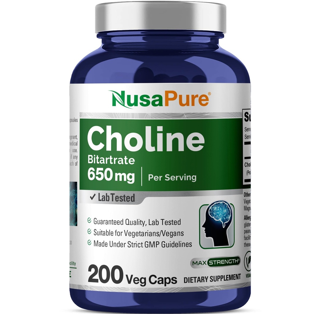 NusaPure Choline Bitartrate 650 mg 200 Capsules de Véggie (Végétarien, Non-OGM, Vegan)