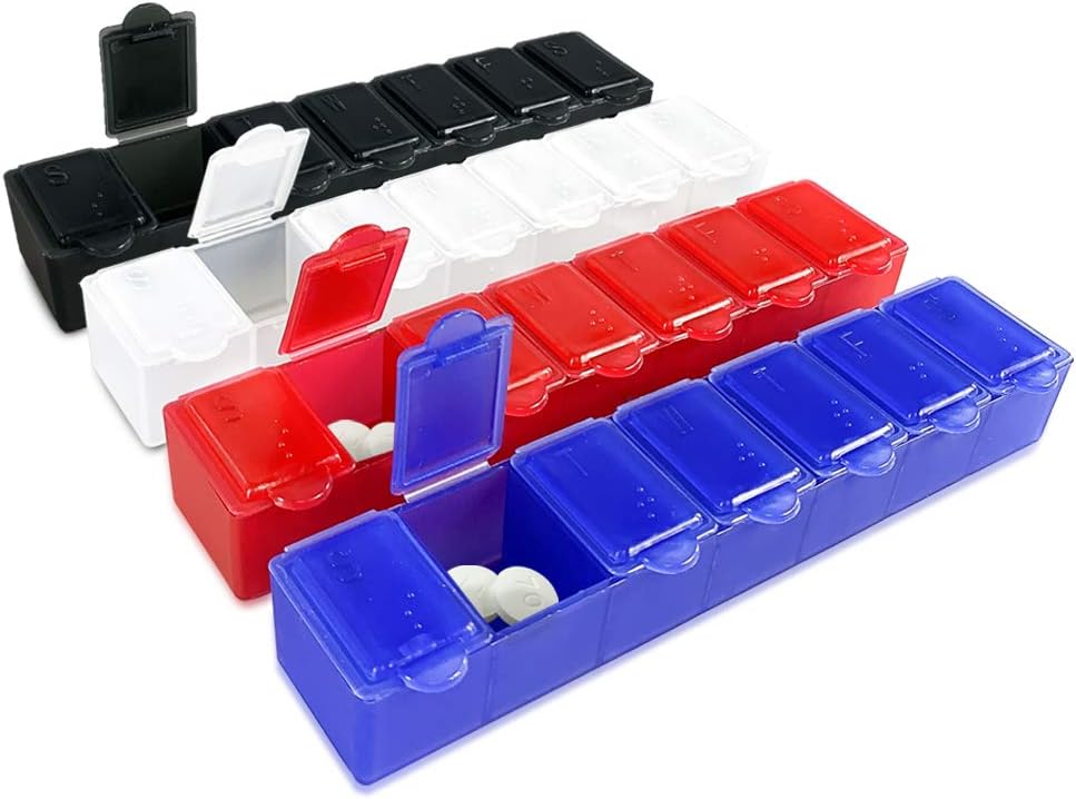 USA Merchant - 7 Tage kleine Pille Box mit Snap Close Lids - Wöchentliche Pille Organizer 4 Mal pro Tag oder 28 Tage Spender - Kommt mit 4 separaten 7 Tage Pillen Behälter für Vitamine, Ergänzungen und Medizin
