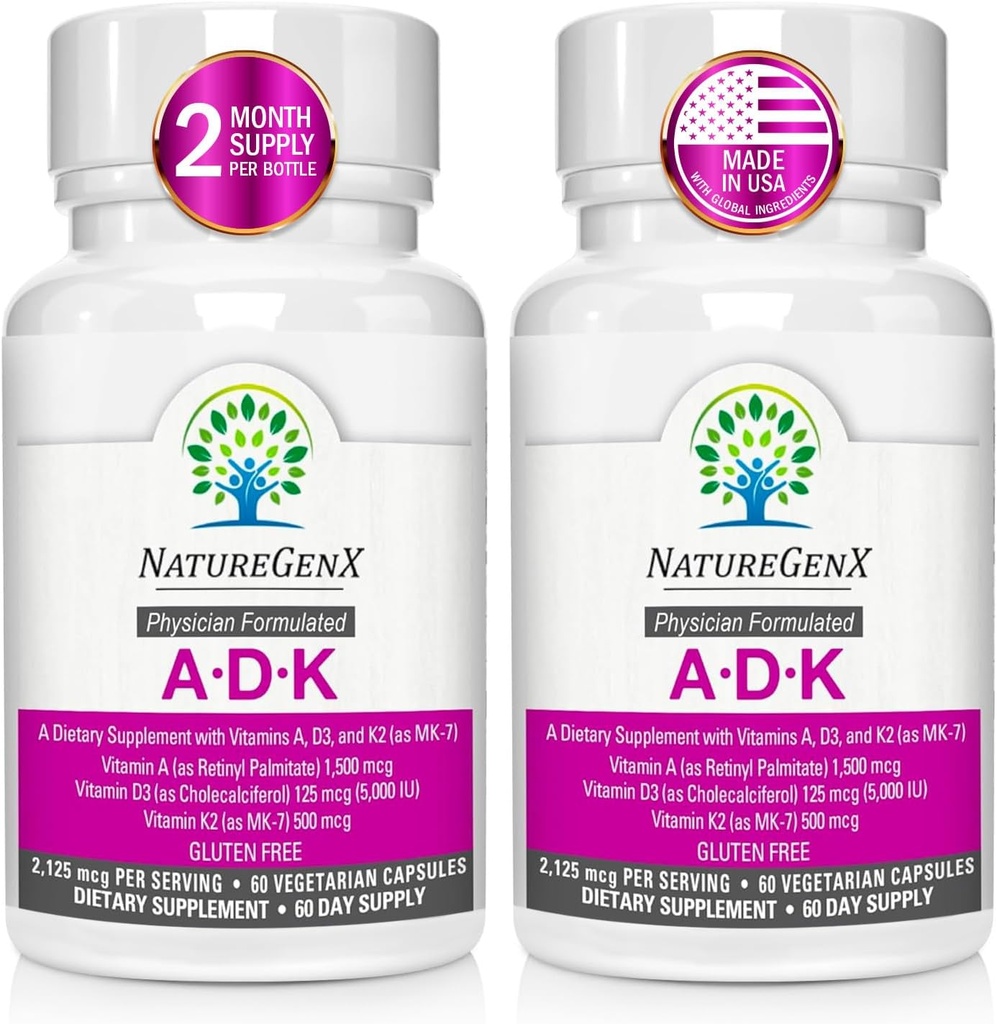 ADK Vitamin Supplement - Verbesserte Knochengesundheit mit hohen Potenz Vitaminen A, D3, K2, Glutenfrei, 60 Kapseln (Pack von 2)