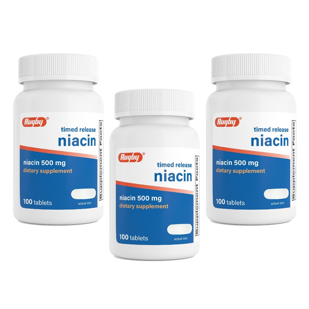 Rugby Timed-Release Niacin 500mg mit 28mg Calcium, Nahrungsergänzungsmittel für Energie, Zirkulation und Stoffwechselunterstützung, 100 Tabletten (3 Pack)