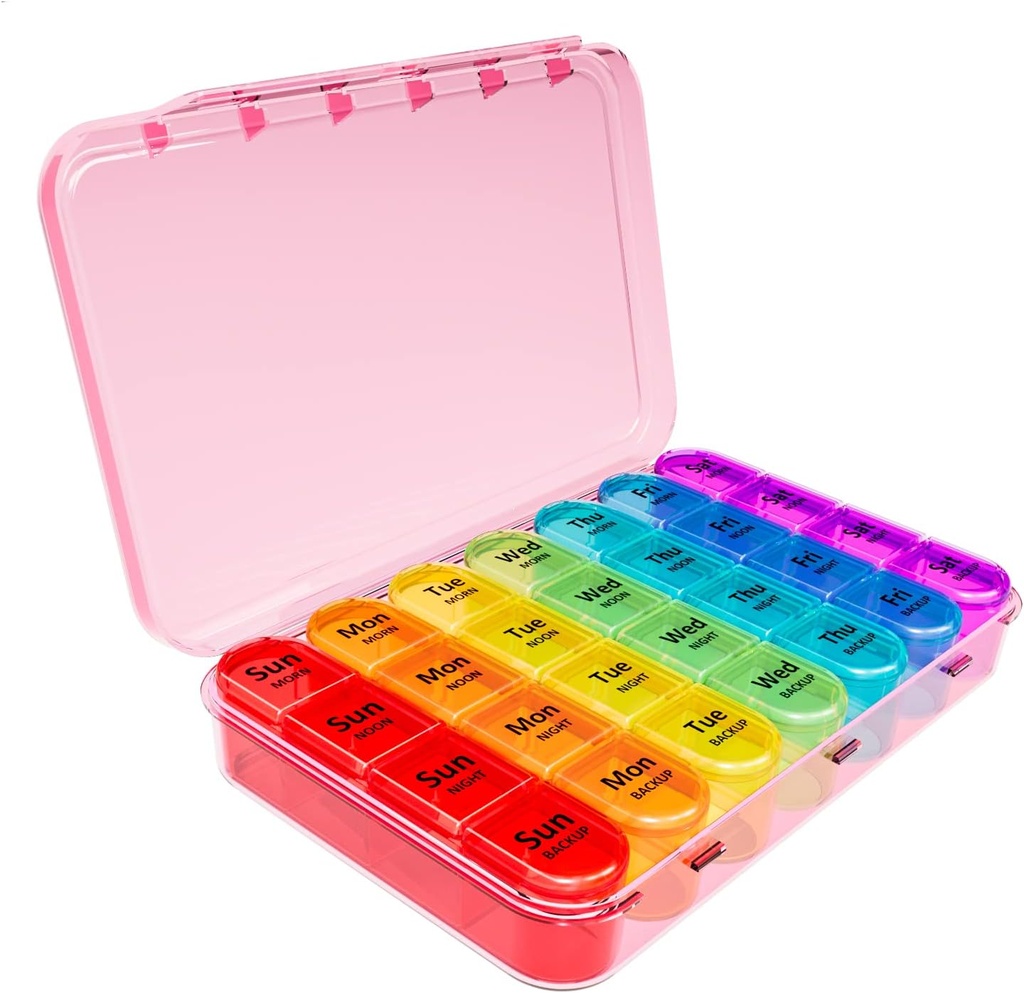 Daviky Weekly Pill Organizer, 7 Tage Pill Organizer 4 Mal pro Tag, Tägliche Pille Box 7 Tag, große Reise Pille Box mit abnehmbarer Pille Fall Vitamin, Ergänzung und Medikamente (Pink)