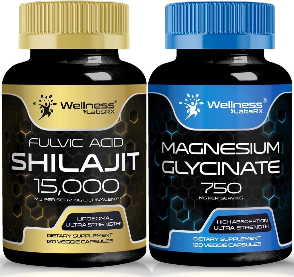 Glycinate de magnésium Capsules - 750mg - Supplément de magnésium Supplément d'absorption élevée │Shilajit Capsules organiques pures de l'Himalaya avec l'acide fulvic naturel