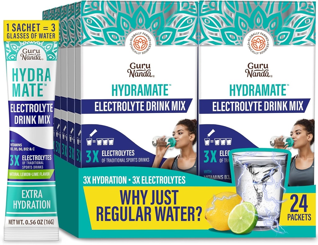 GuruNanda Hydramate Hydration Support Drink Mix - Elektrolyt-Pulver-Packets für Dehydratation, Übung & Energie - keine hinzugefügt Süßungsmittel, Non-GMO, natürliche Zitronen-Limous Flavor - 24 Zähler (0.56 oz Jeder)