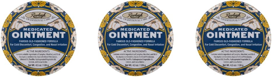 Rawleigh Onguent médicamenté: 4,5 oz d'étain bleu, Rube thoracique topique pour la congestion froide, nasale, les douleurs mineures et la douleur, avec Camphor, Mentol et Eucalyptus, Formule non grasse - Pack de 3