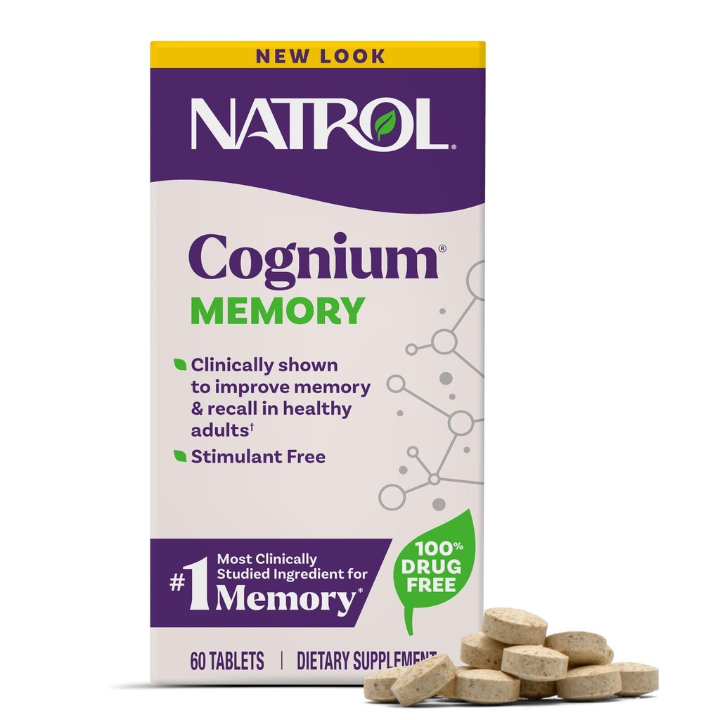 Natrol Cognium Memory, Gehirngesundheitsergänzungsmittel für Erwachsene, Nahrungsergänzungsmittel für Gehirngesundheit und klinisch gezeigt, um Gedächtnis und Erholung bei gesunden Erwachsenen zu verbessern, 60 Tabletten, bis zu 30 Tage Versorgung