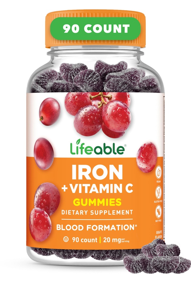 Lebensfähige Eisengummis | 20mg | mit Vitamin C | Great Tasting Blood Builder Eisen Supplement | Eisen mit Vitamin C für Eisenmangel | Eisengummis für Frauen, Männer, Erwachsene | 90 Gummie