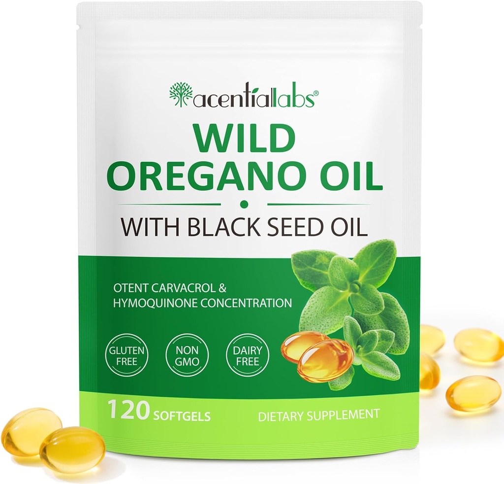 Huile d'Origan Softgels, 120 capsules de complément d'huile de comte Origan, 2 en 1 6000mg huile d'Origan avec huile de graines noires 200mg, extrait d'huile d'Origan biologique, non-OGM, sans gluten