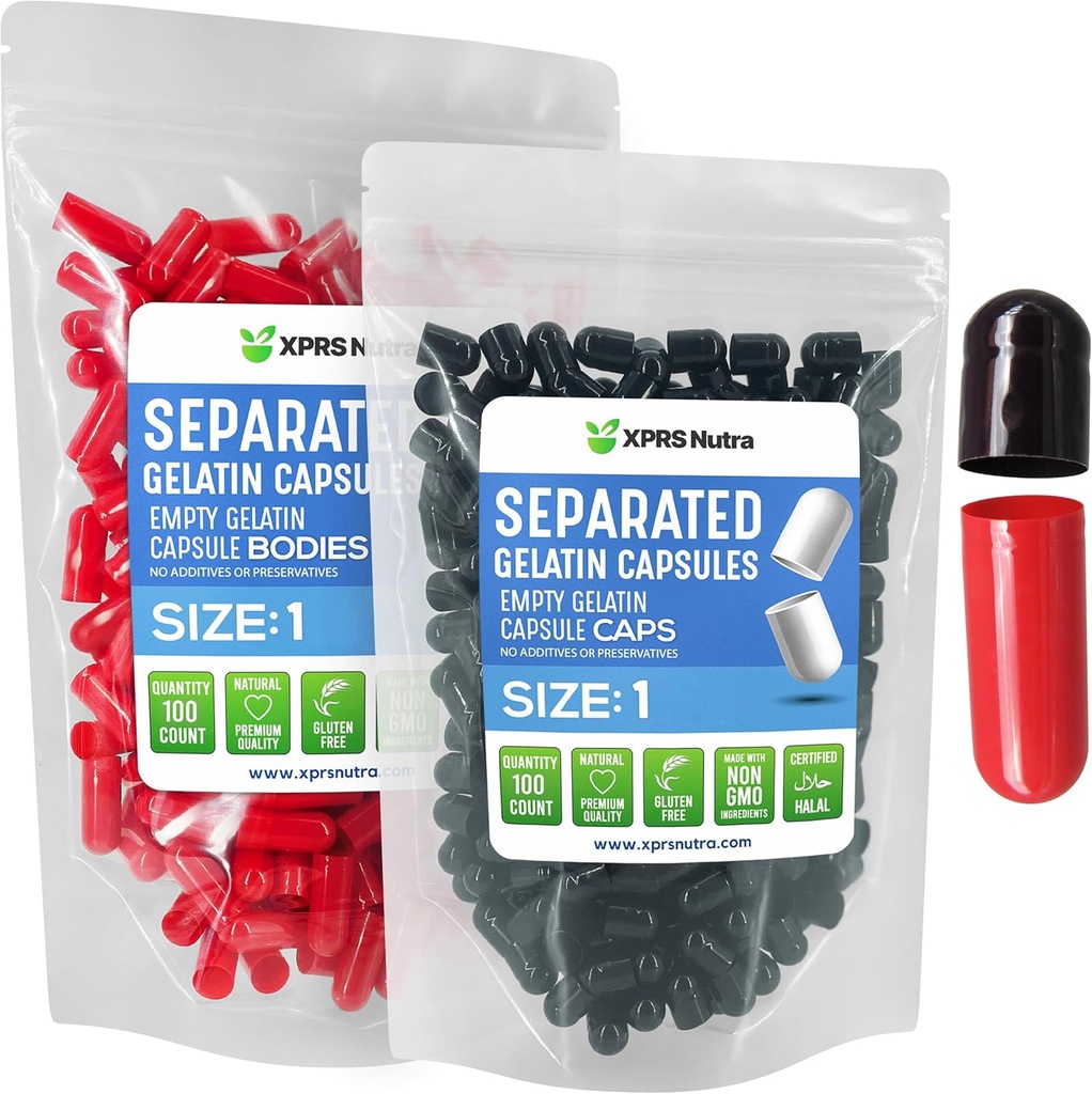 XPRS Nutra Größe 1 Gelatin Getrennte Kapseln - 100 Count Leere Pillen Kapseln Getrennt in Taschen - Leere Pillen für DIY Supplement Füllung (schwarz/rot)