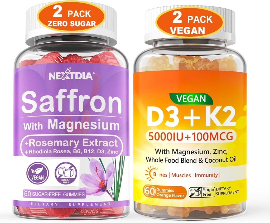 2Pack Saffron Ergänzungen Gummi + 2Pack Vegan Vitamin D3 5000IU K2 Gummi, Ganze Lebensmittelmischung, Kokosöl, Magnesium