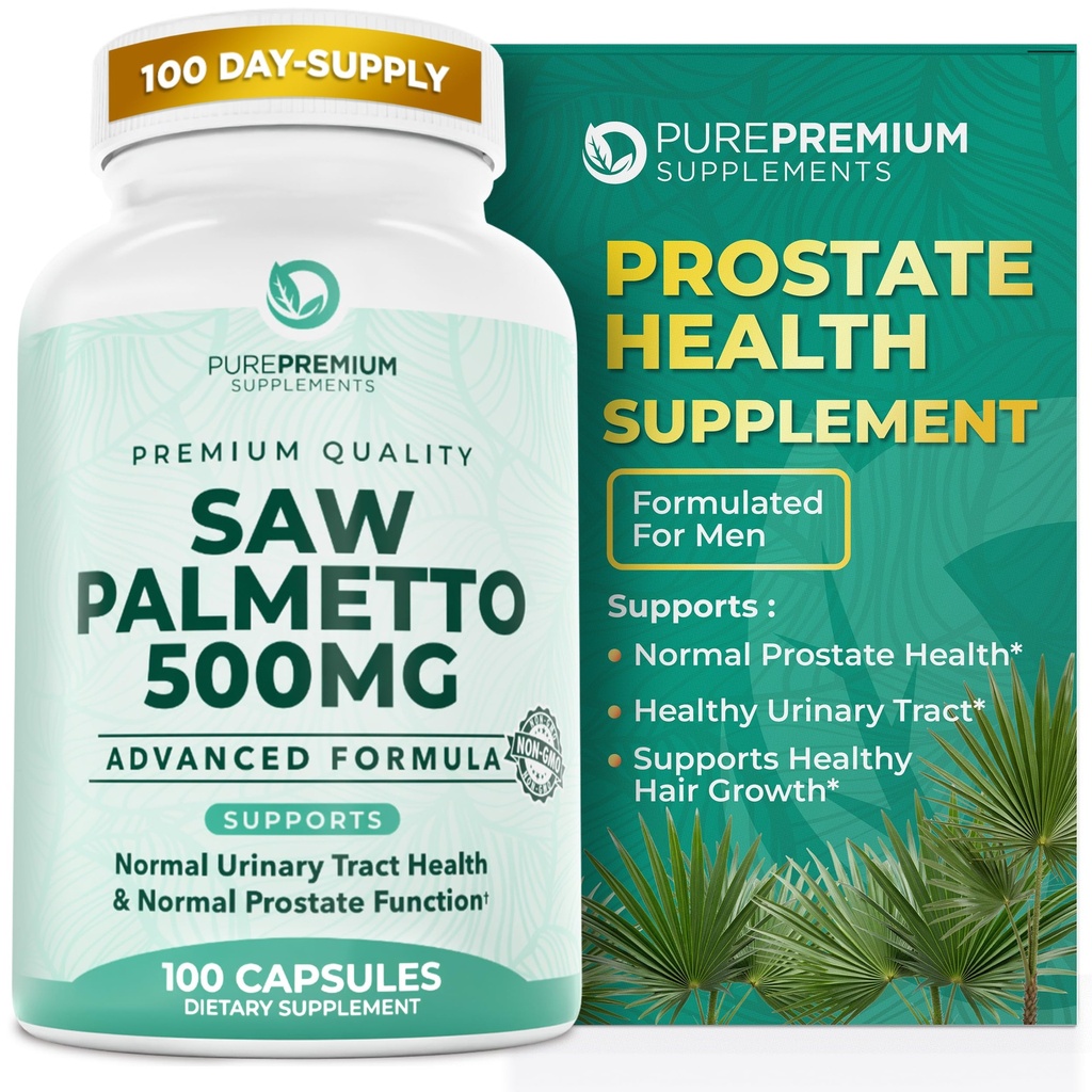 PurePremium Saw Palmetto 500 mg für Männer/Frauen – Maximale Stärke Saw Palmetto Extrakt | Pulver Kapseln Ergänzung - Unterstützung Normale Urinary Tract, Prostata Gesundheit/Hair - 3 Monate Versorgung - 100 Tabletten
