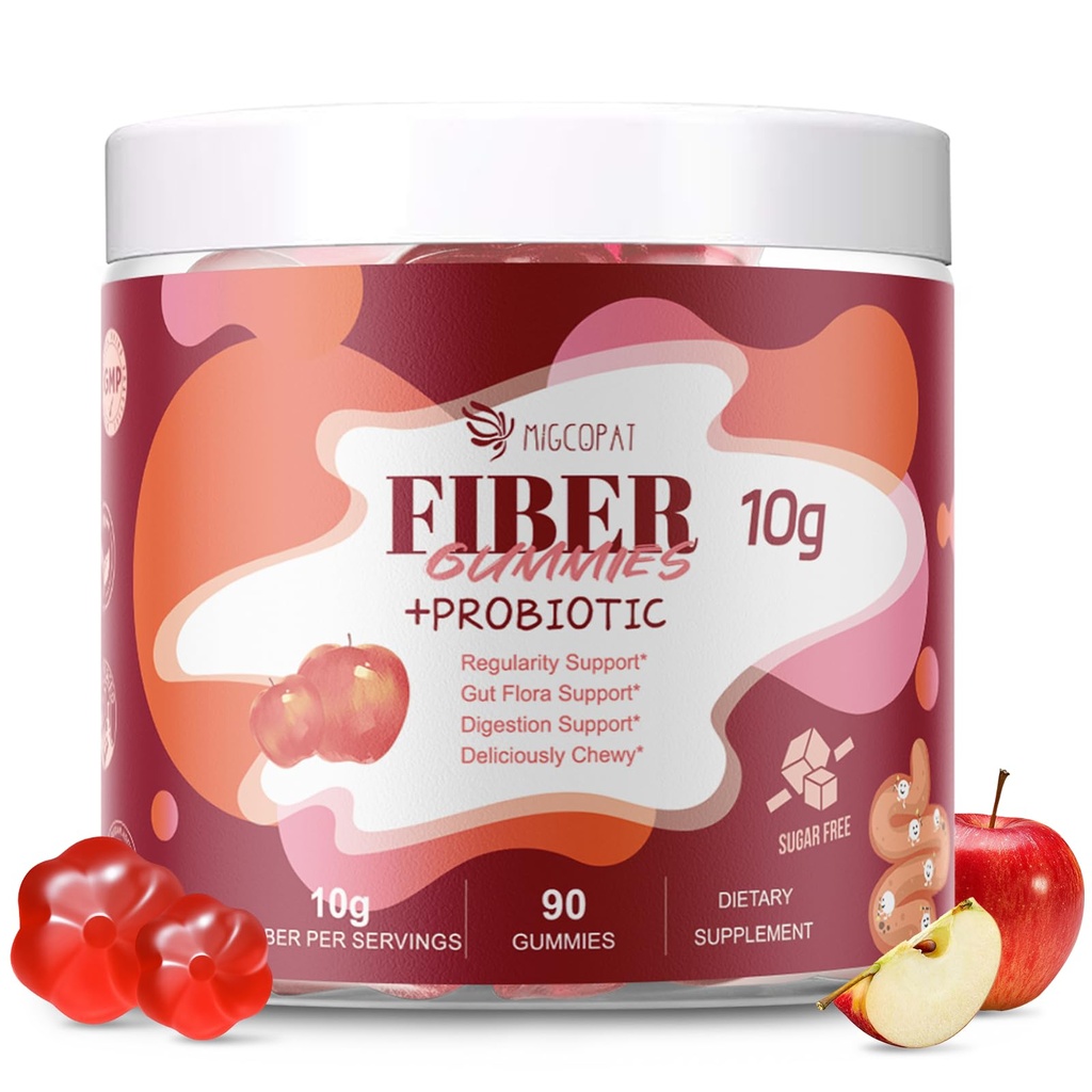 Fiber Gummis mit Probiotics,10G Fiber pro Servieren Kein Zucker hinzugefügt Apple Flavor, mit 10 Billion CFU Probiotics Blend, Apfelessig, Vitamin C, Inulin, Bloating Support 90 Count