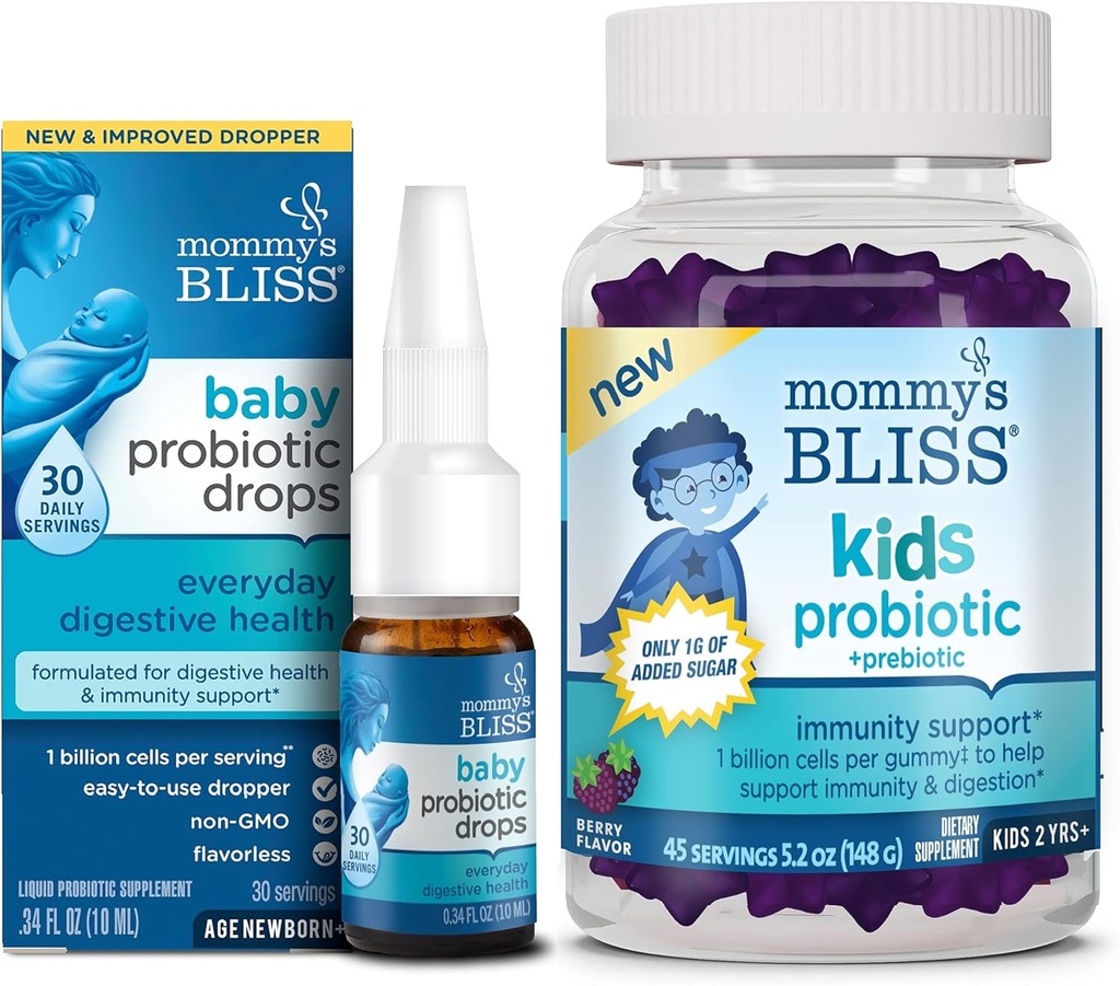 Mami's Bliss Baby Probiotic Drops Jeden Tag 30 Servierungen (Pack von 1) mit Kinder Probiotic + Prebiotic Gummies 45 Servierungen (Pack von 1), Immunität Unterstützung für alle Altersgruppen: Neugeborene für Kinder und Erwachsene