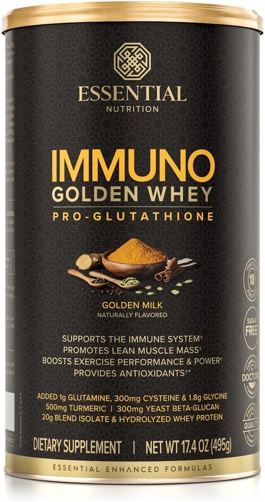 Immuno nutritionnel essentiel Lactosérum - poudre hydrolysée de protéines de lactosérum, isolat de protéines de lactosérum, 18g de protéines par portion, acides aminés, production de glutathion - extrait de curcuma - lait d'or - 17,4 oz