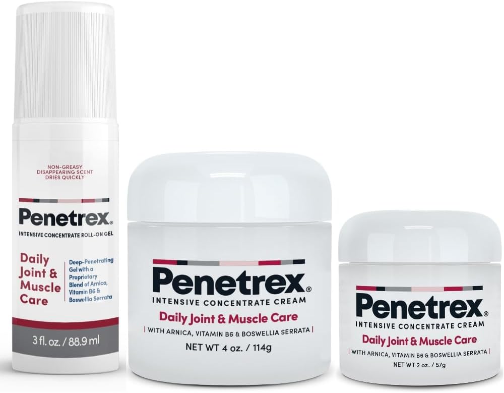 Trio de thérapie articulaire et musculaire Penetrex - Confort apaisant pour le dos, le cou, les mains, les pieds - Corps entier premium, Rub avec Arnica, Vitamine B6 MSM & Boswellia - 2oz, 3oz, 4oz