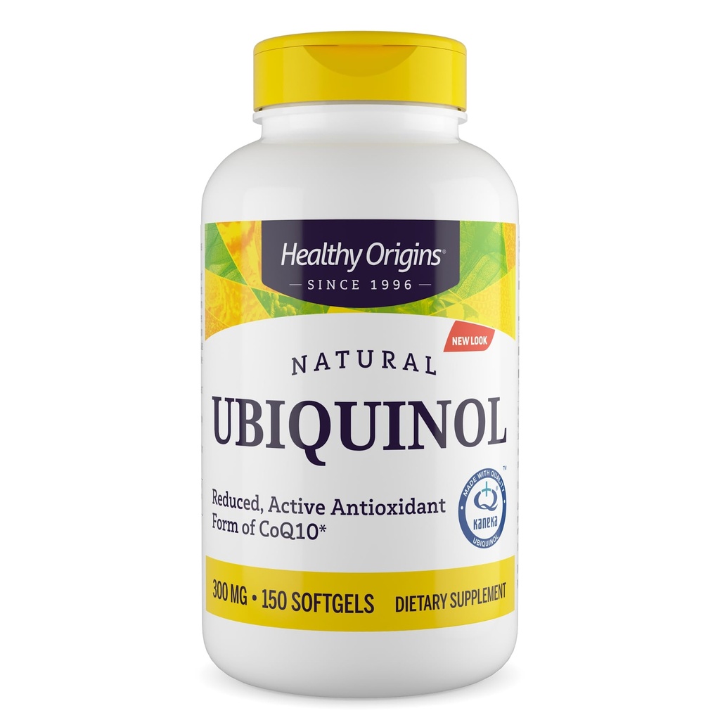 Origines saines Ubiquinol (forme active du CoQ10), 300 mg - Suppléments Ubiquinol pour la santé cardiaque et le soutien antioxydant - Supplément sans gluten et sans OGM - 150 Softgels